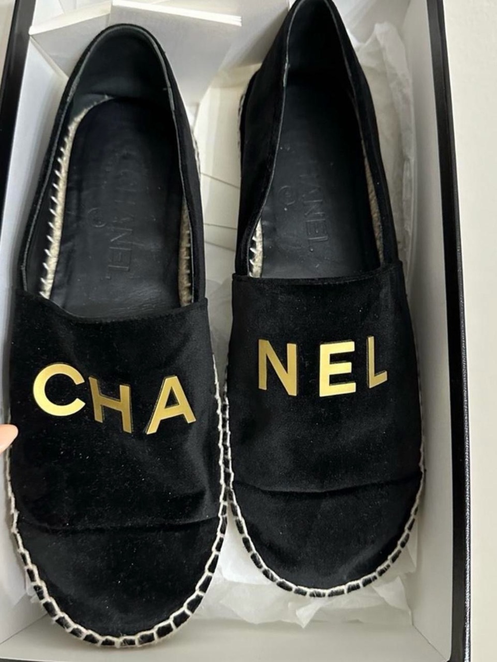 CHANEL Black Suede Espadrilles with Gold CHANEL Lettering